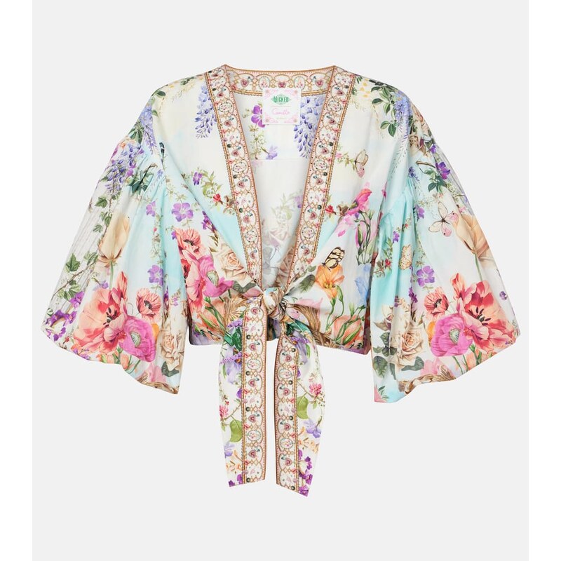 Camilla Tie-front puff-sleeve crop top