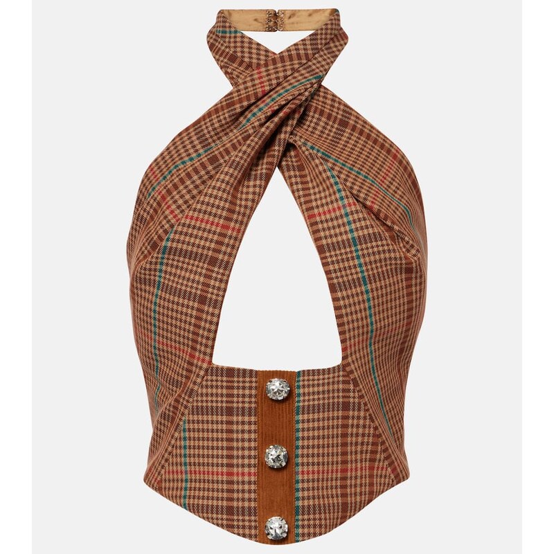 Area Checked halterneck wool-blend top