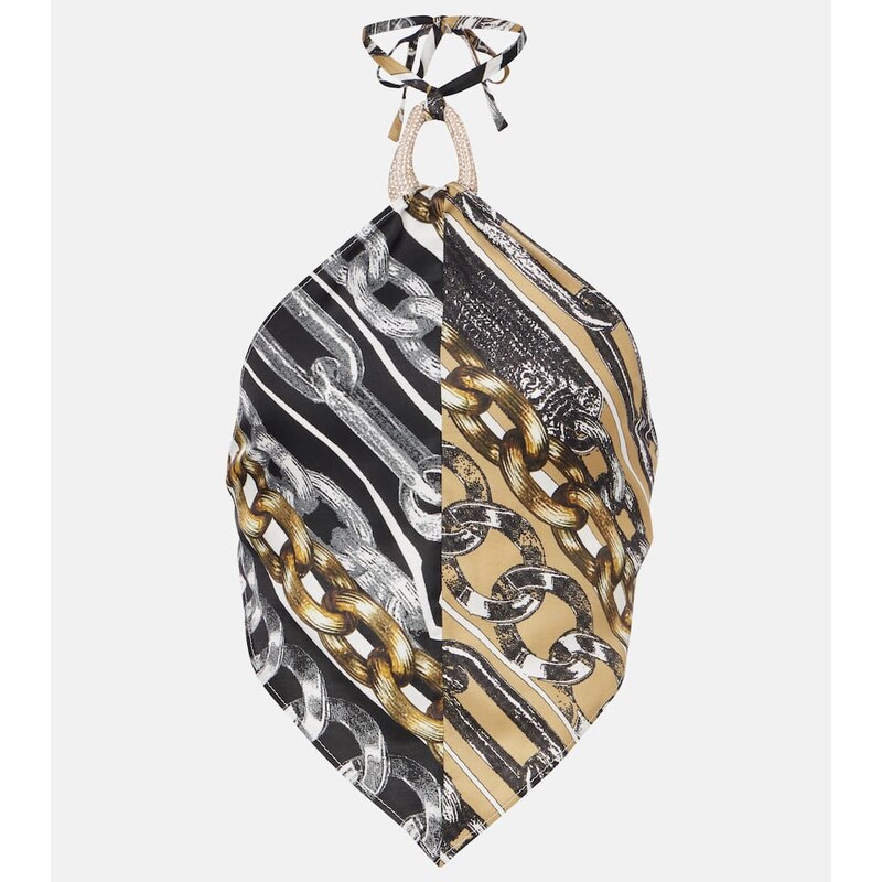 Area Printed embellished halter-neck crop top