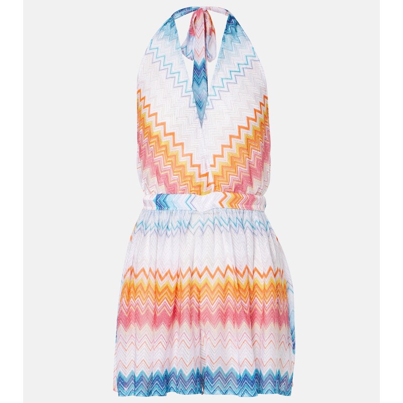Dámská overlay Missoni Zigzag halterneck romper ve fucsiově modré barvě