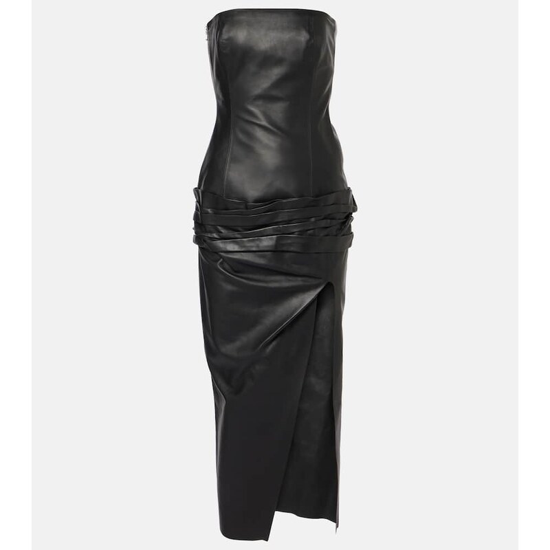 The Attico Draped strapless leather midi dress