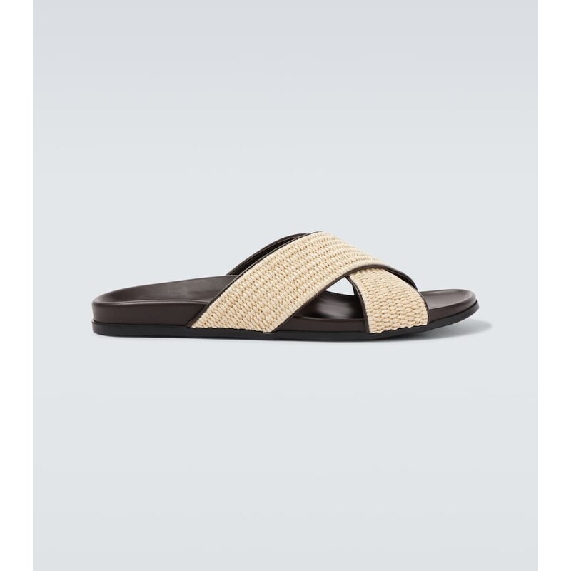 Manolo Blahnik Chiltern leather-trimmed raffia slides