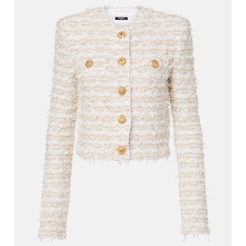 Dámská saka Balmain Cropped tweed jacket v barvě bílá s zlatými detaily