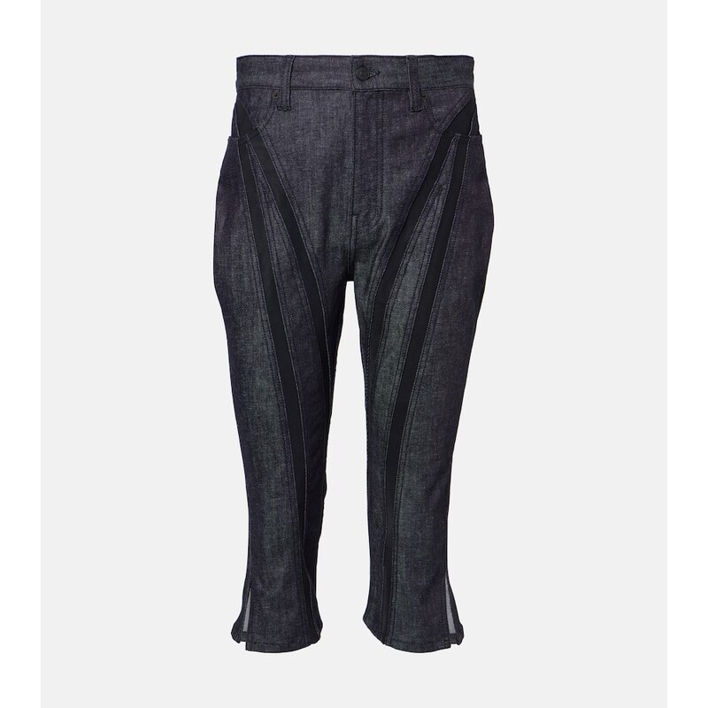 Mugler Mesh-trimmed denim capri pants