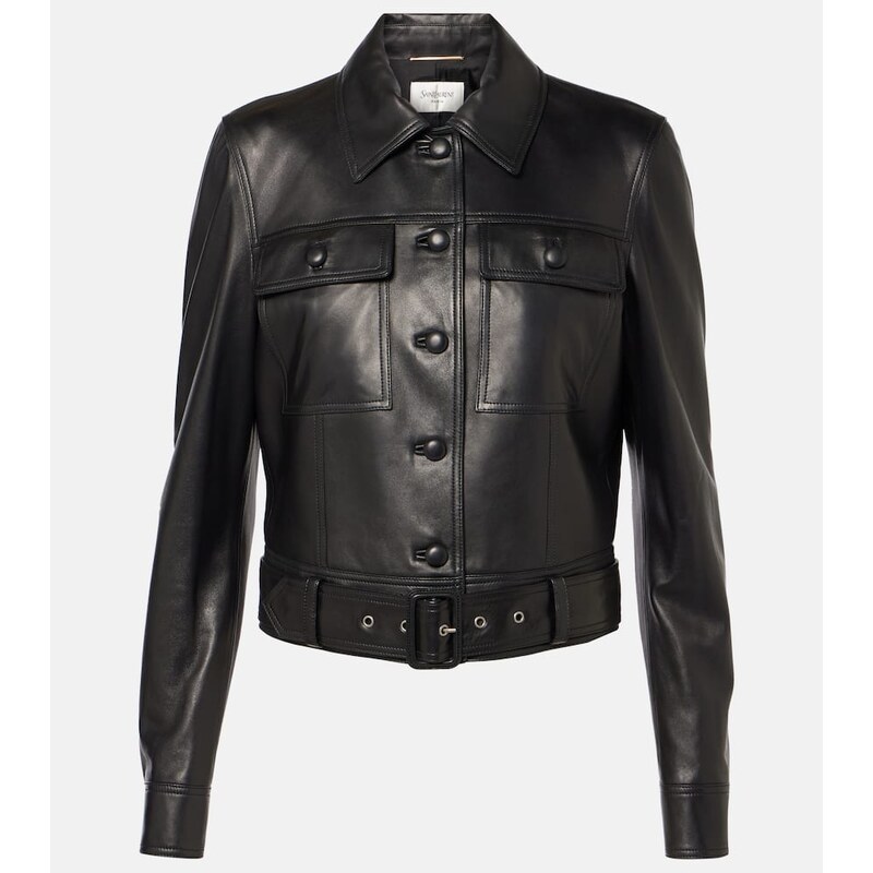 Cropped kožená bunda Saint Laurent v barvě černá
