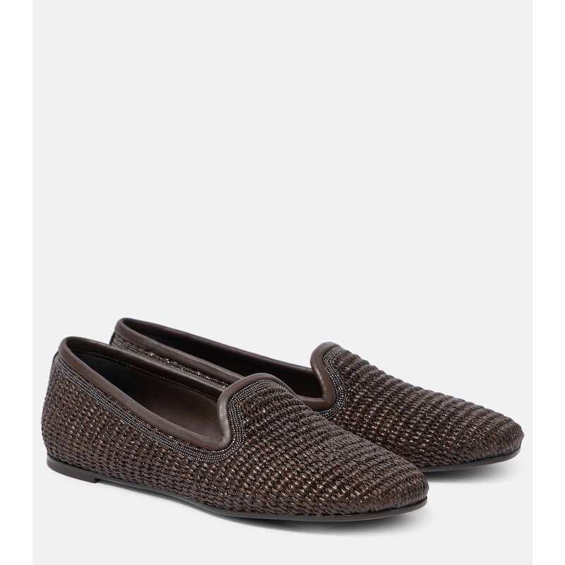 Brunello Cucinelli Leather-trimmed raffia slippers