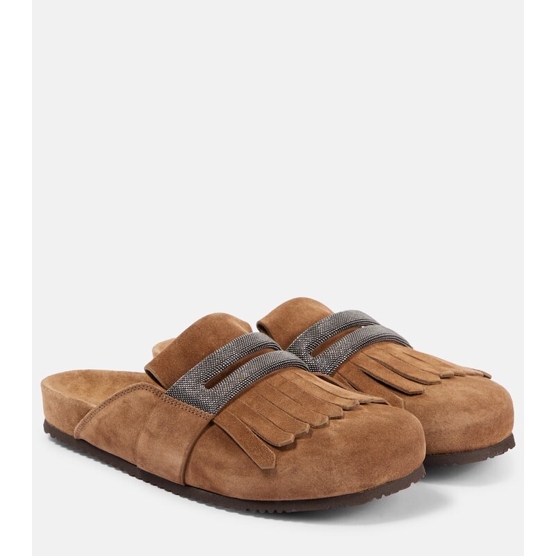 Brunello Cucinelli Fringed suede slippers