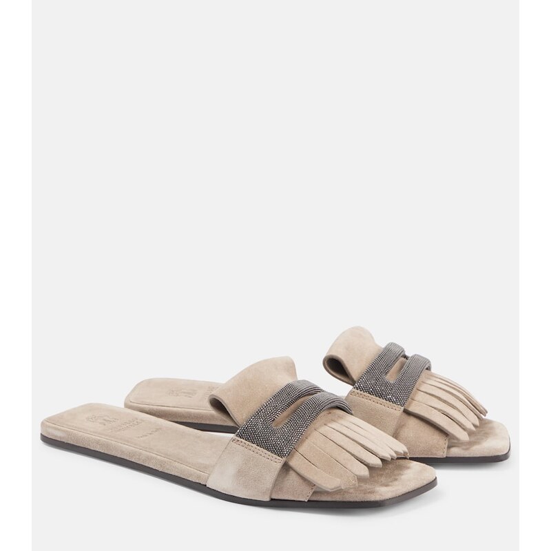 Brunello Cucinelli Fringed suede slippers