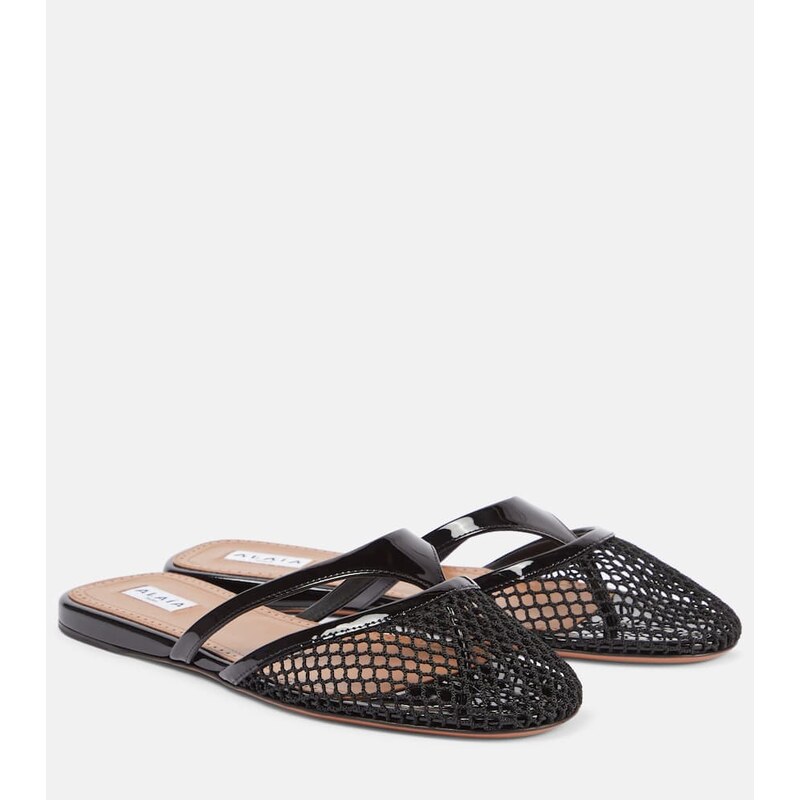Alaïa Infradito fishnet leather-trimmed mules