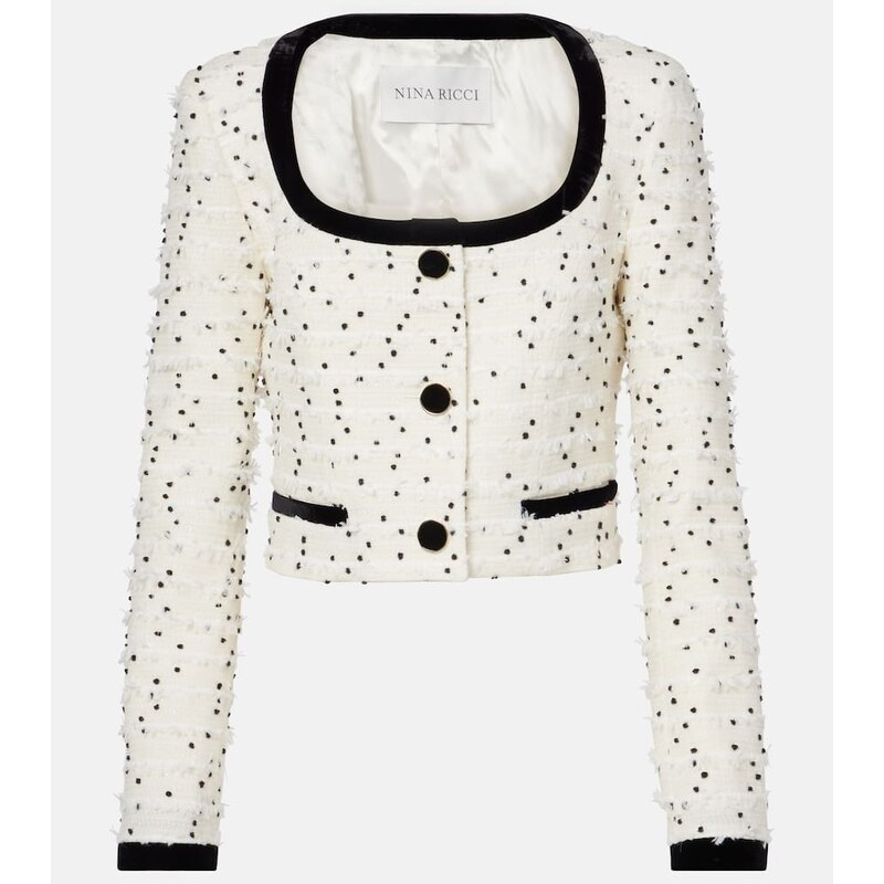 Nina Ricci Polka-dot fringed wool-blend tweed jacket