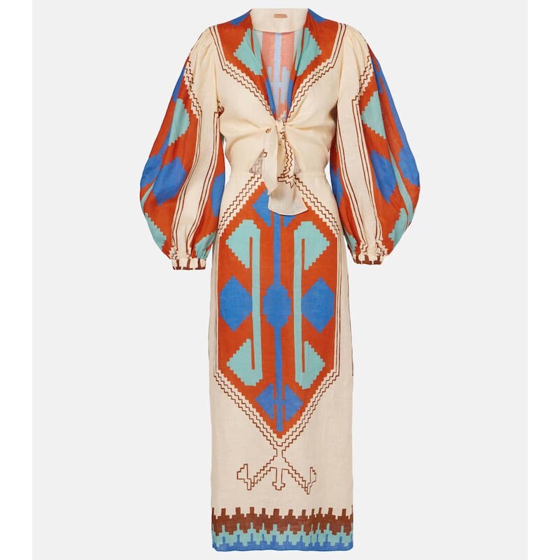 Johanna Ortiz Printed tie-detail linen midi dress