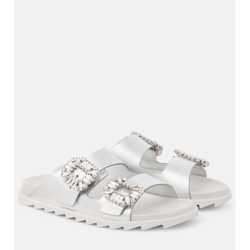 Roger Vivier Crystal-embellished metallic leather slides