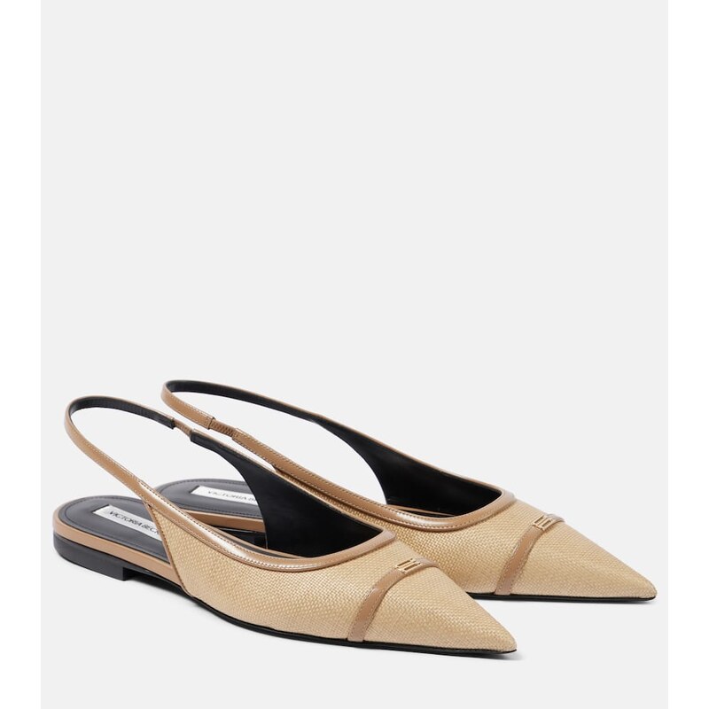 Victoria Beckham Leather-trimmed raffia slingback flats