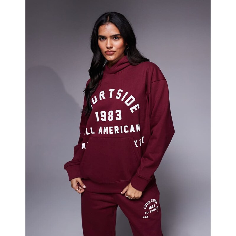 Courtside co-ord oversized pullover hoodie in burgundy with collegiate 115515686