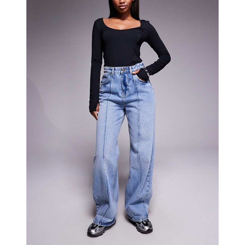 Courtside baggy denim jeans in midwash blue with front seam