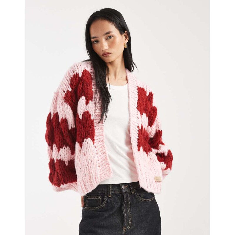 Kiwi & Co Hugs & Kisses hand knitted bubble knit cardigan in red & 113277439