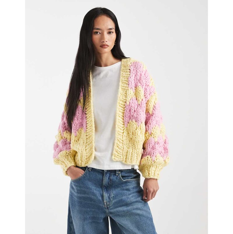 Kiwi & Co Hugs & Kisses hand knitted bubble knit cardigan in yellow 113277442