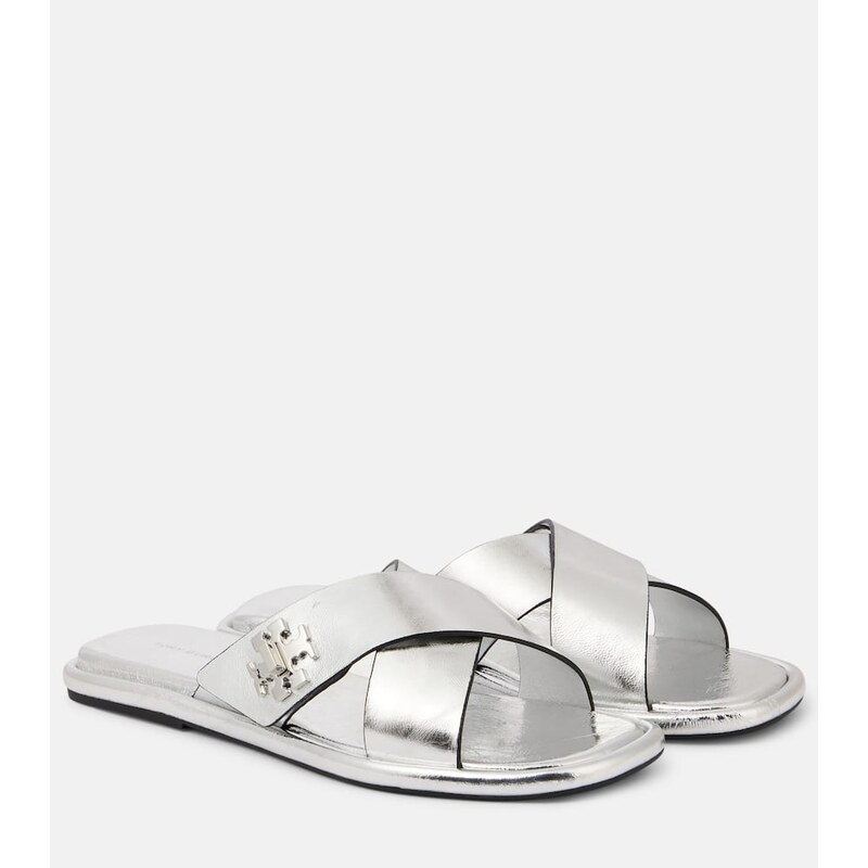 Tory Burch T Lock metallic leather slides