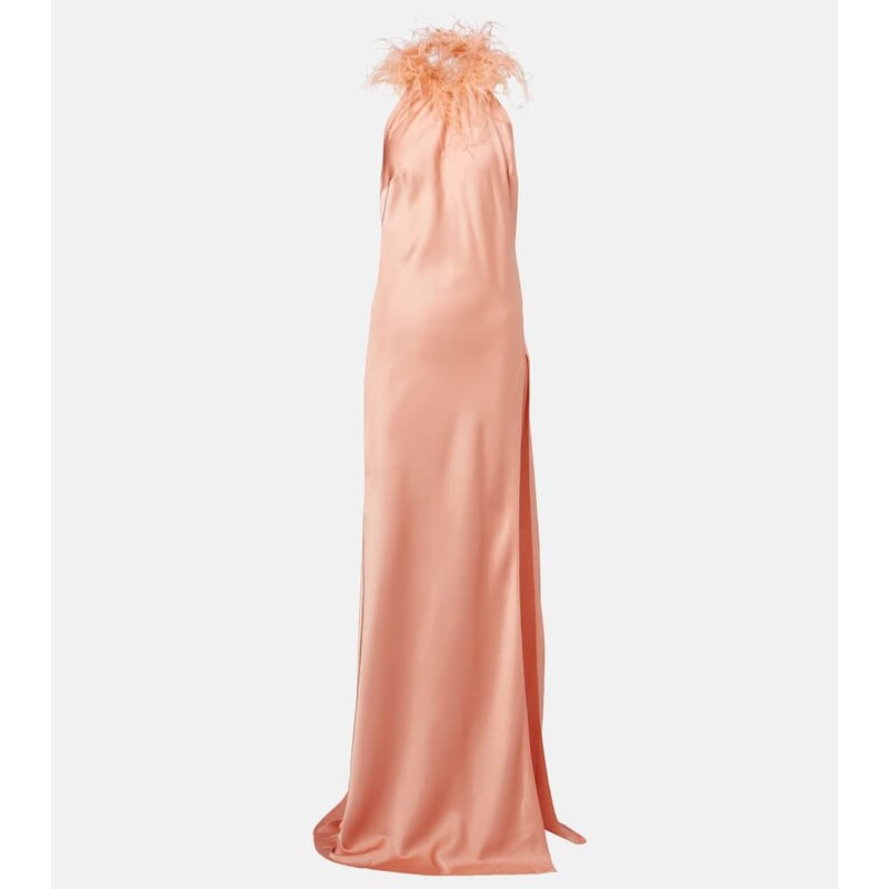 The New Arrivals Ilkyaz Ozel Jazzy feather-trimmed satin gown