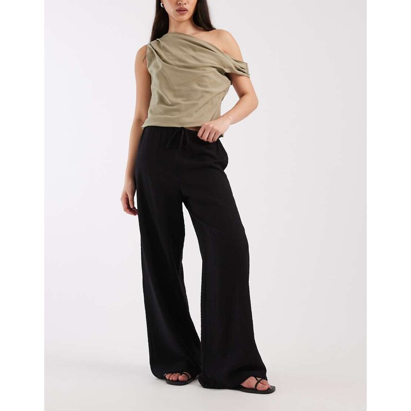 New Look linen look wide leg drawstring trousers in black