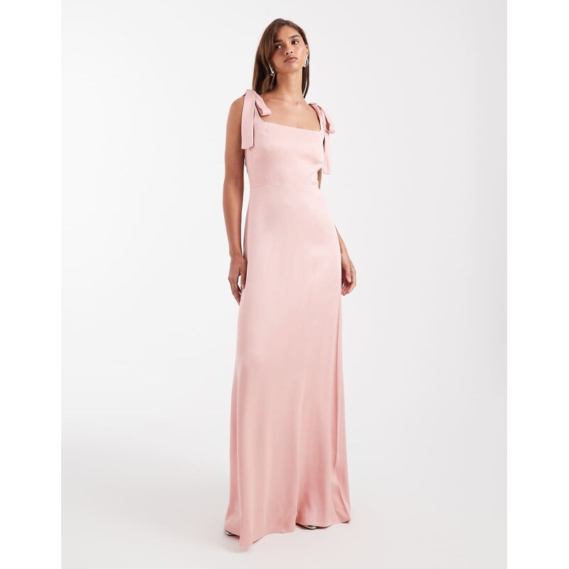 Maids to Measure Bridesmaid tie shoulder maxi dress in blush pink 115542633