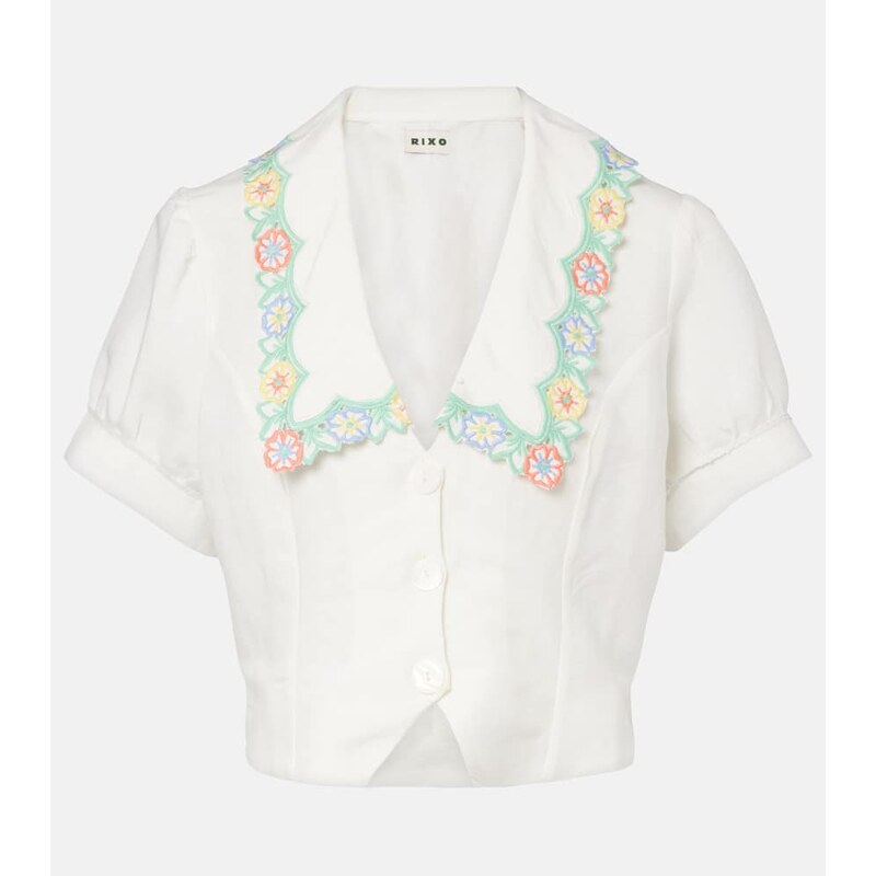 Rixo Iveta embroidered cropped linen-blend top