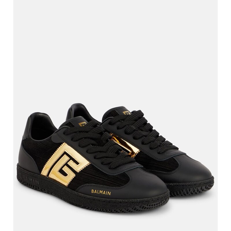 Balmain PB suede and mirrored faux leather sneakers