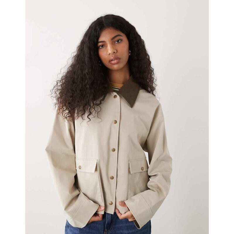 Noisy May contrast collar lightweight barn jacket in stone-White 113277470