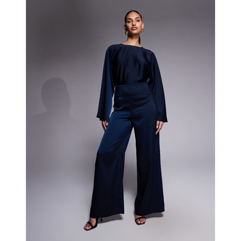 ASOS DESIGN satin batwing bias waisted jumpsuit in navy 113277482