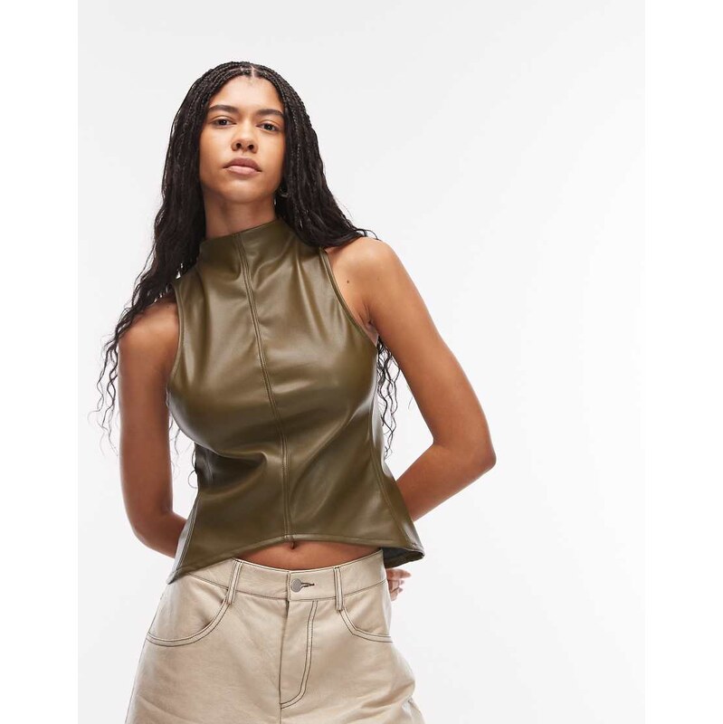 ASOS DESIGN PU high neck top in khaki-Green