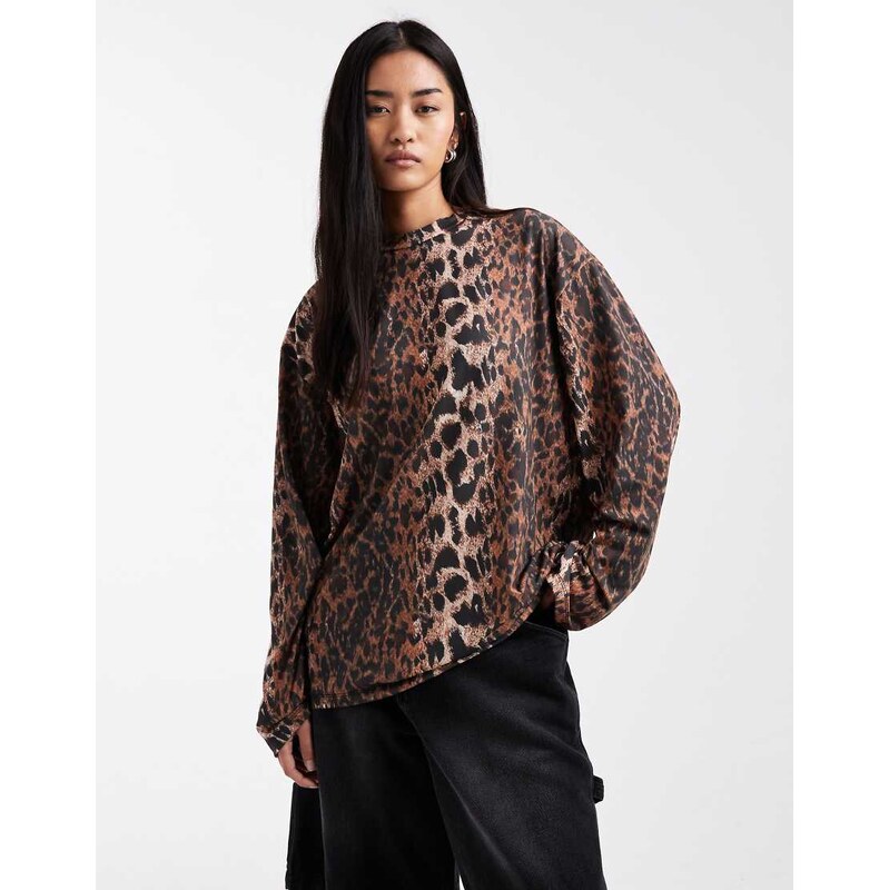 ASOS DESIGN long sleeve oversized top in leopard print-Multi