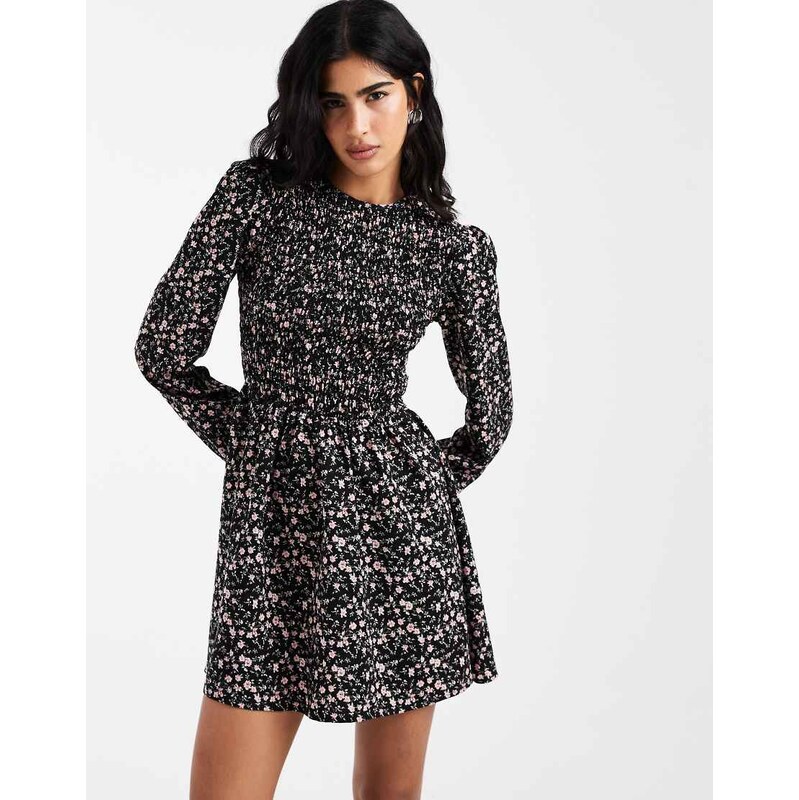 Daisy Street long sleeve shirred mini smock dress in black pink