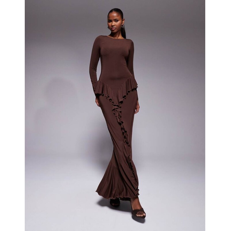 Ruched & Ready sculpting long sleeve ruffle drape detail maxi dress in 115520198