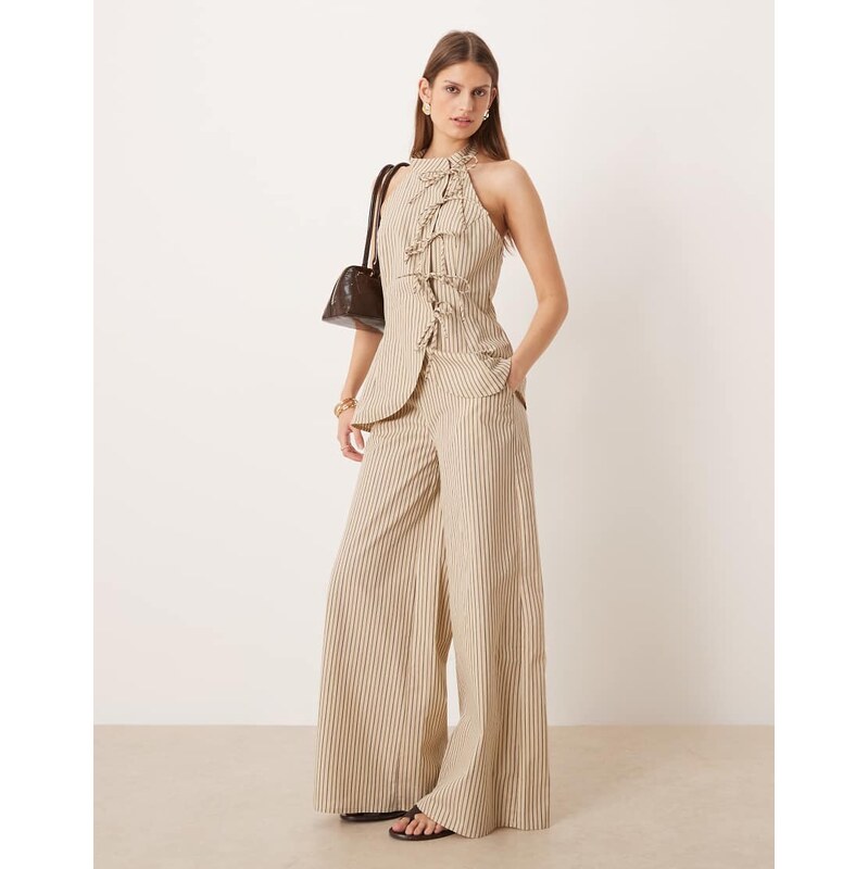 Glamorous thick waistband pull on trousers in white blue stripe