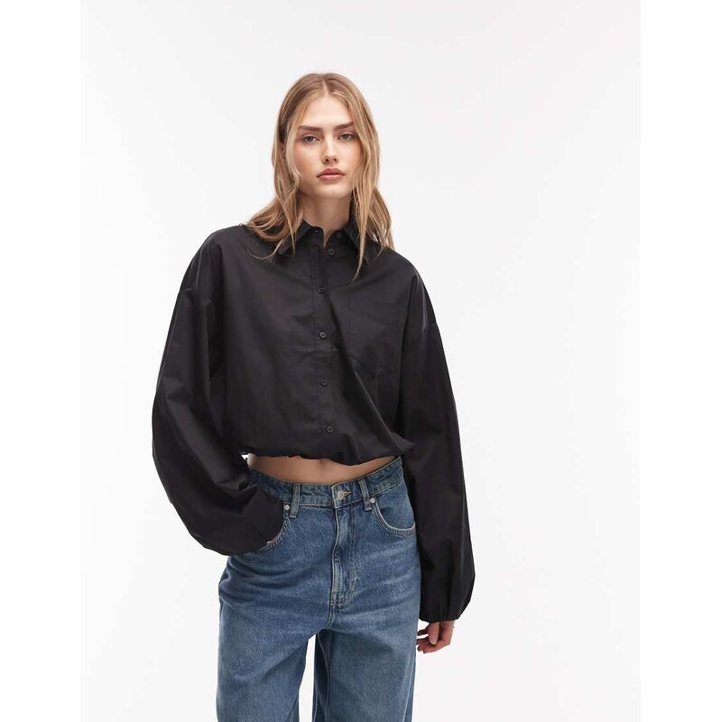 & Other Stories cotton cropped shirt with tie waist in black