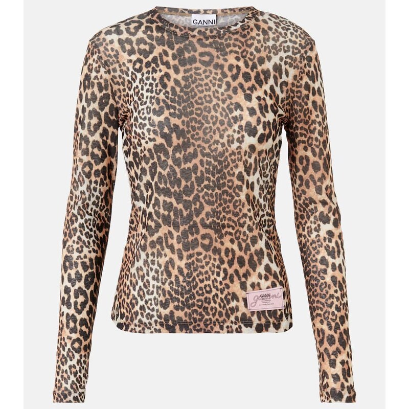 Ganni Leopard-print mesh top