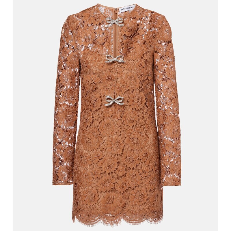 Self-Portrait Embellished bow-detail lace minidress