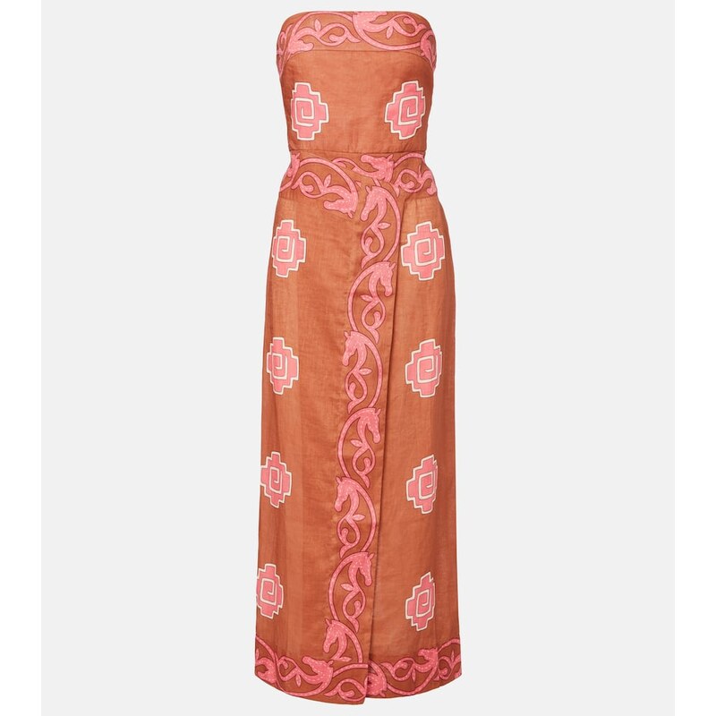 Johanna Ortiz Embroidered smocked linen midi dress
