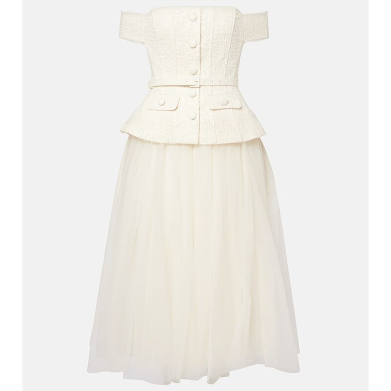 Self-Portrait Bridal sequined bow-detail peplum midi dress