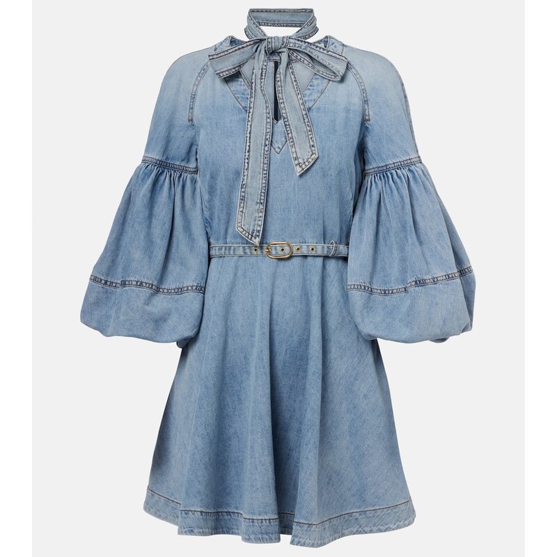 Zimmermann Tie-neck puff-sleeve denim minidress