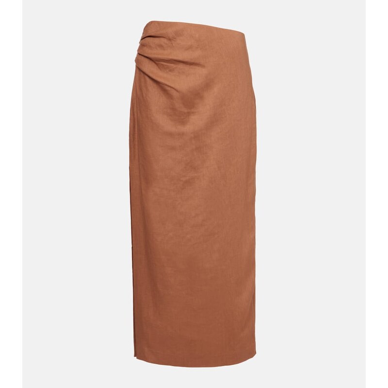 SIR Asymmetric ruched linen midi skirt
