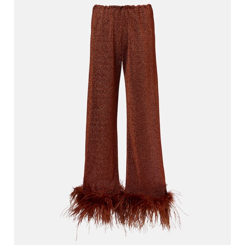 Oséree Lumière Plumage feather-trimmed straight pants