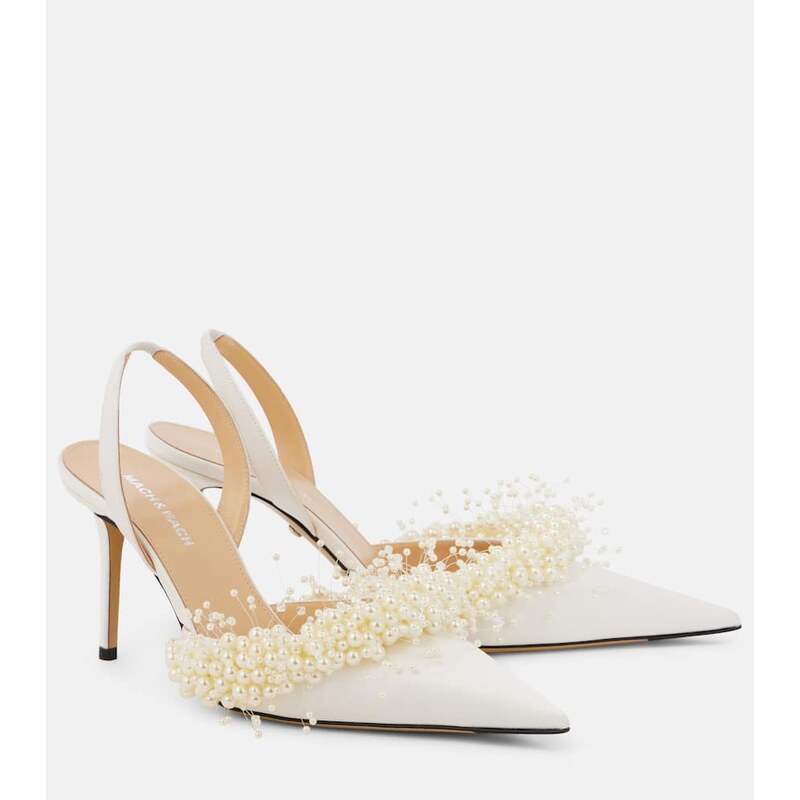 Mach & Mach Floating Pearl 85 satin slingback pumps