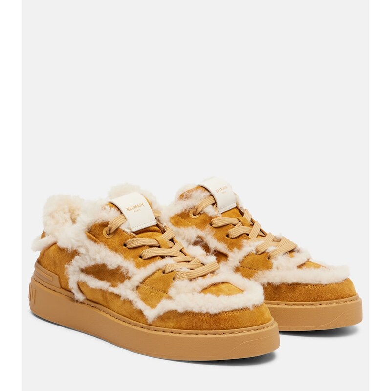 Balmain Shearling-trimmed suede sneakers