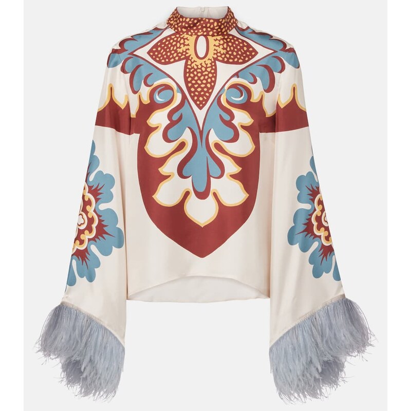 La DoubleJ Make An Exit feather-trimmed silk top