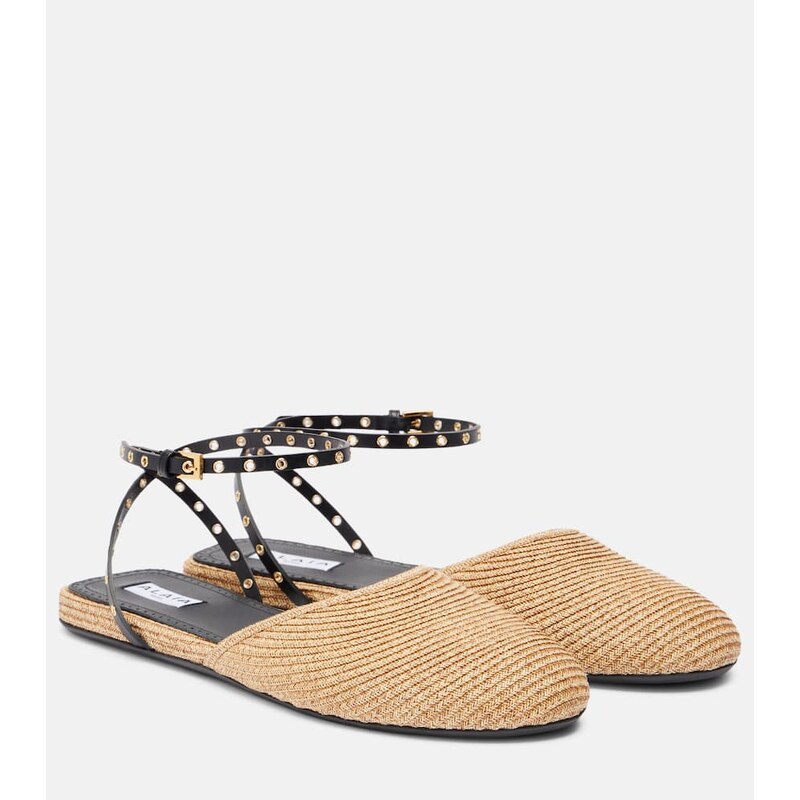 Alaïa Leather-trimmed raffia flats