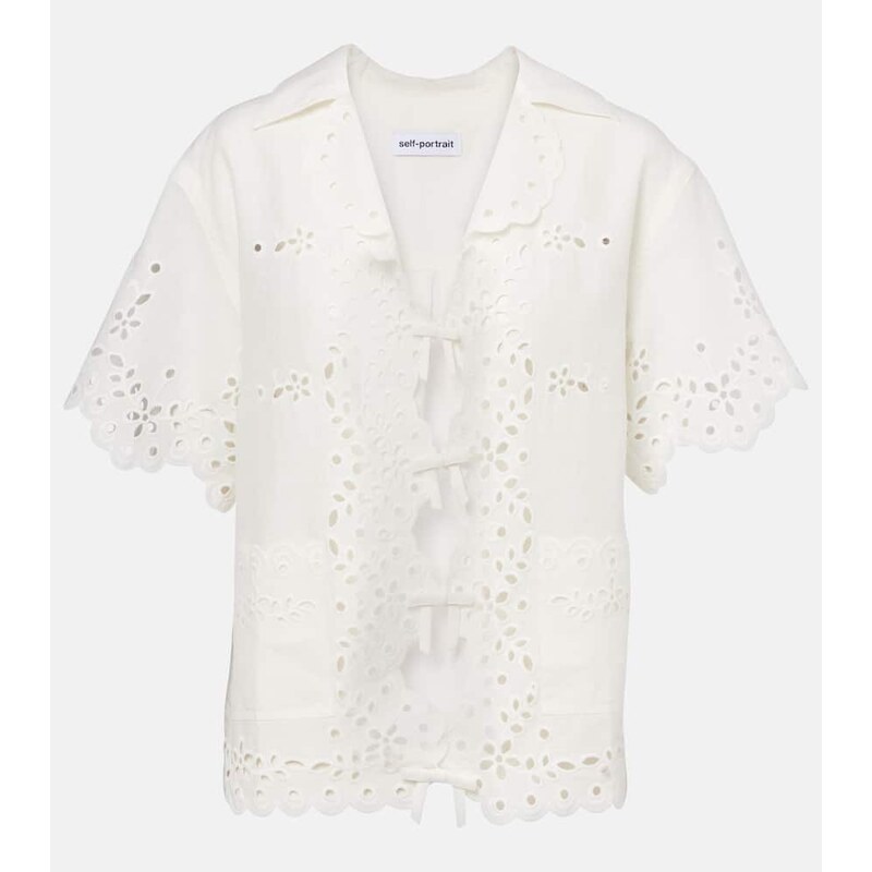 Self-Portrait Embroidered cutout linen and cotton top