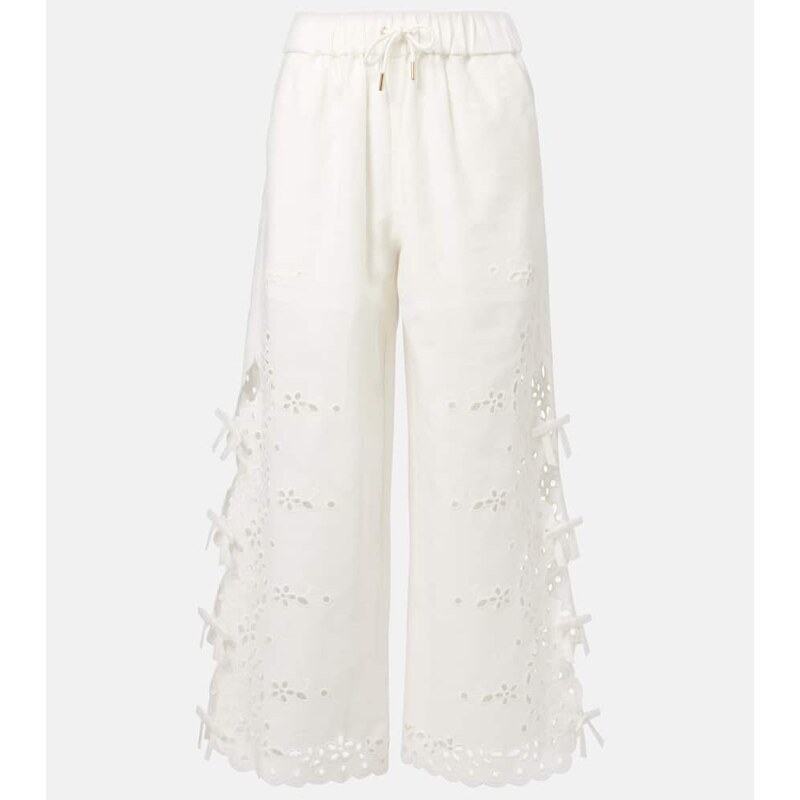 Self-Portrait Embroidered linen and cotton wide-leg pants