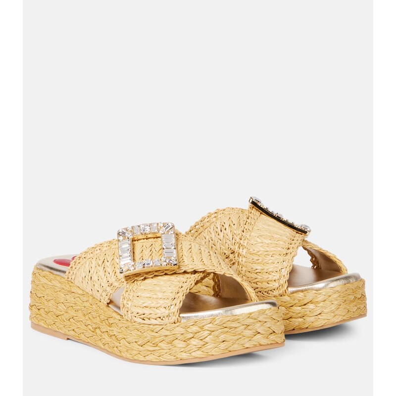 Roger Vivier Embellished raffia espadrille slides