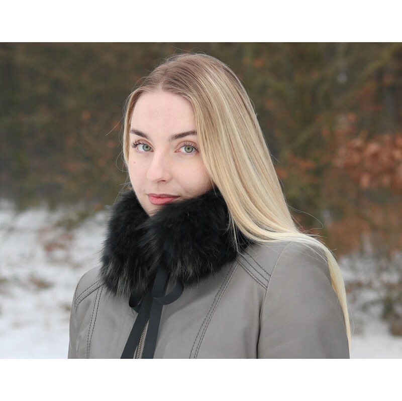 Špongr Kožešinový límec z mývalovce BLACK RIB se stuhou 113279971
